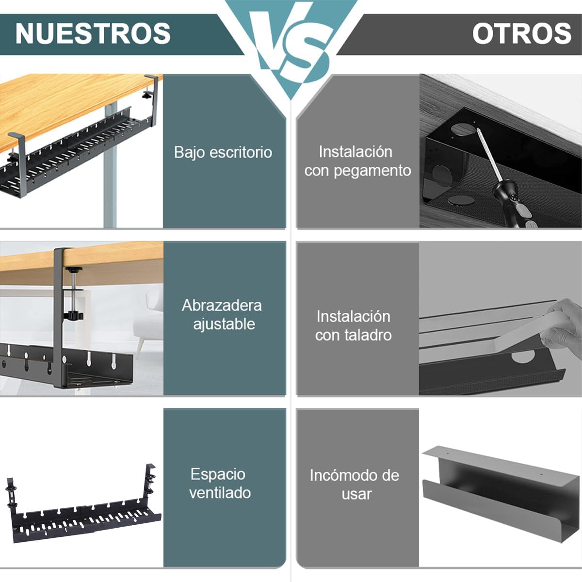 Bandeja Ajustable para Organización de Cables Bajo Escritorio