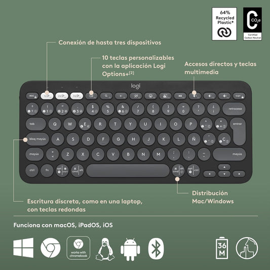 Teclado Inalámbrico Bluetooth Pebble Keys 2 K380s